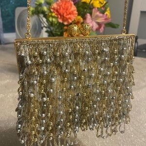 Elegant Gold and Silver Beaded Evening Clutch